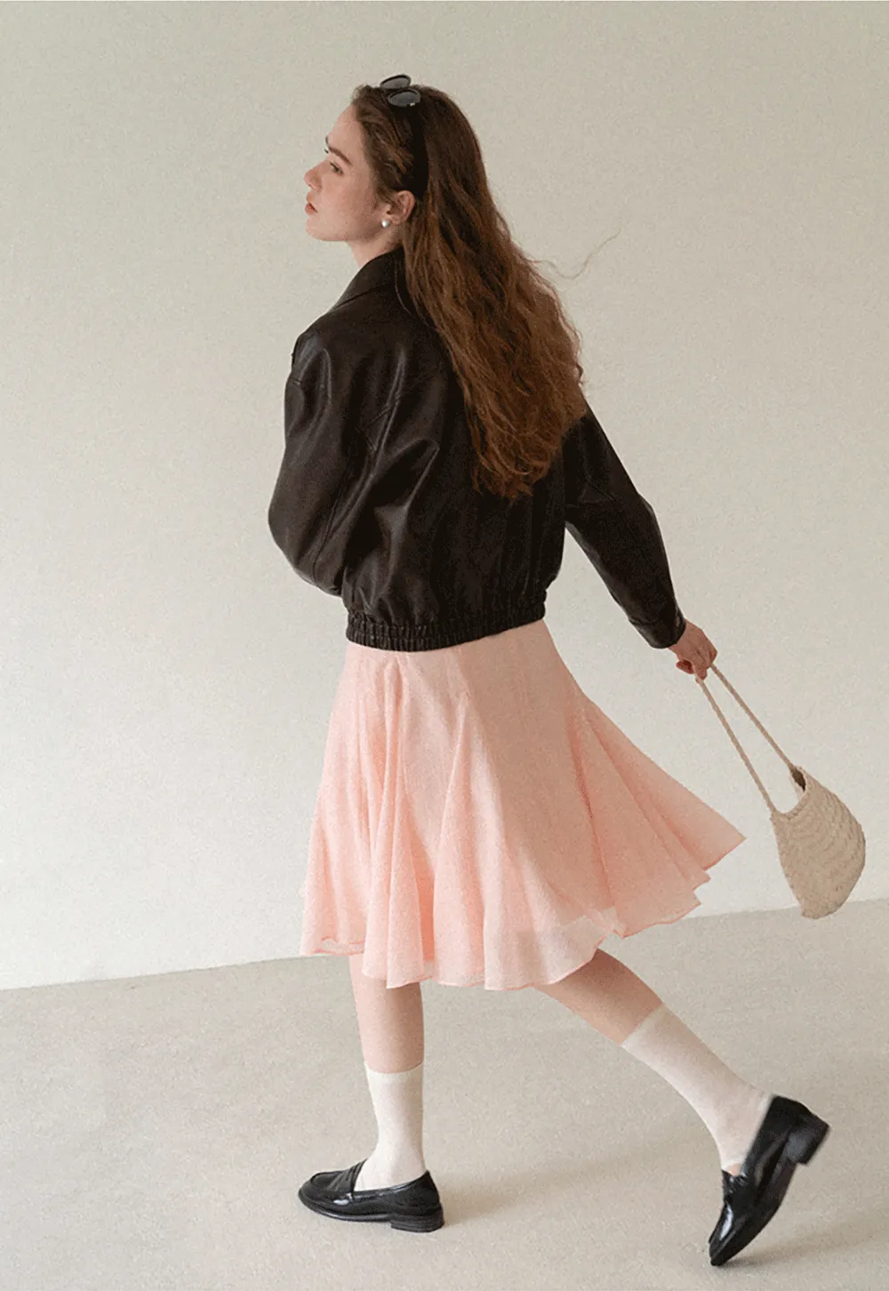 Cropped Leather Jacket with Collar and Zip Front