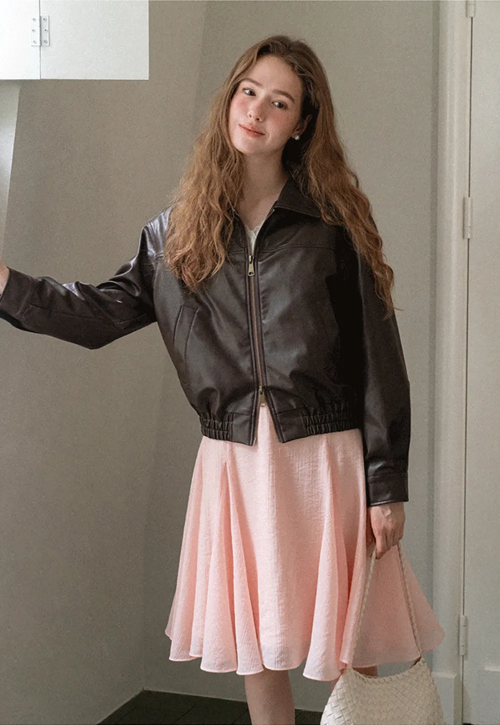 Cropped Leather Jacket with Collar and Zip Front