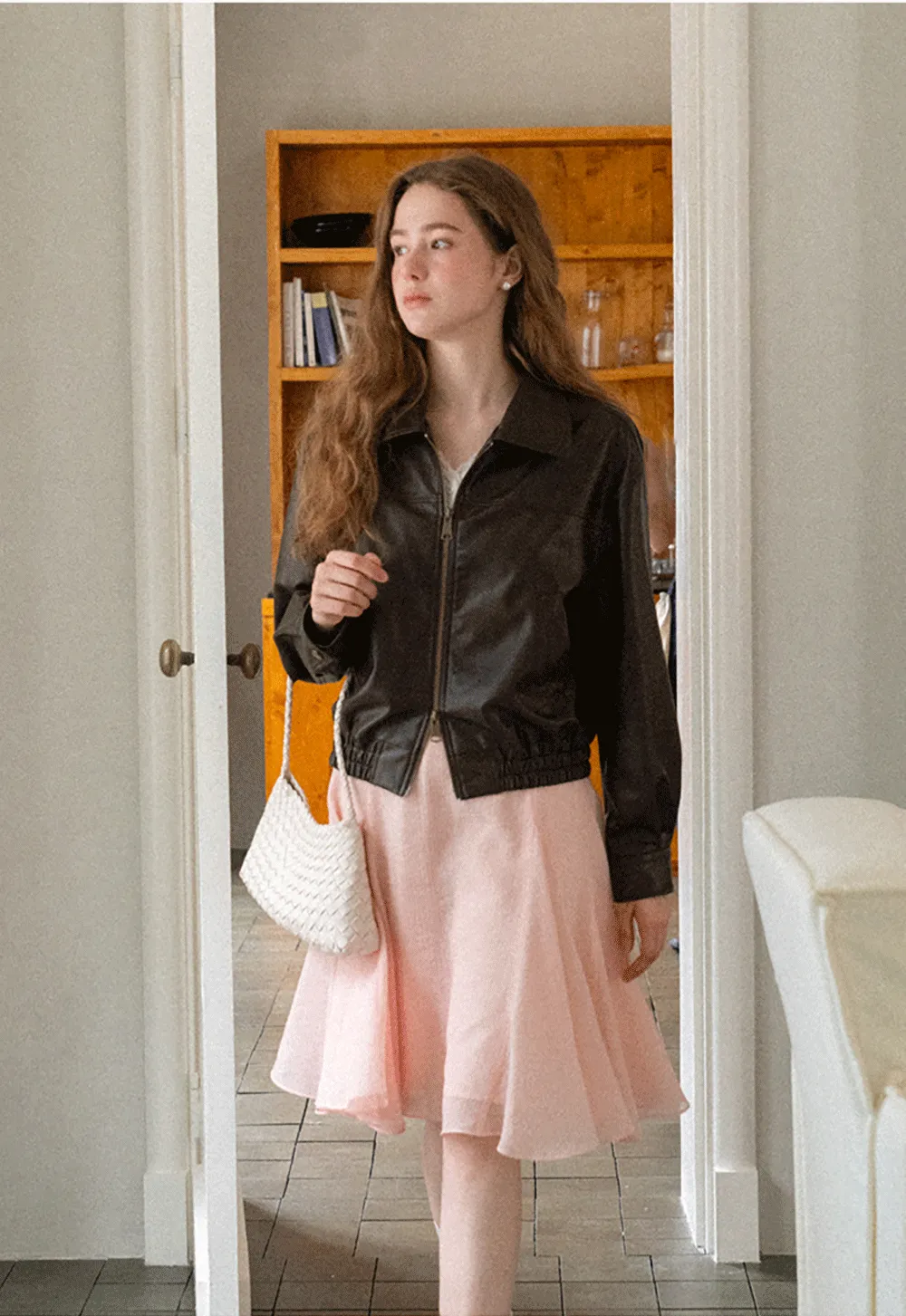Cropped Leather Jacket with Collar and Zip Front