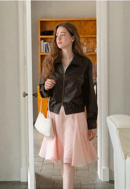Cropped Leather Jacket with Collar and Zip Front