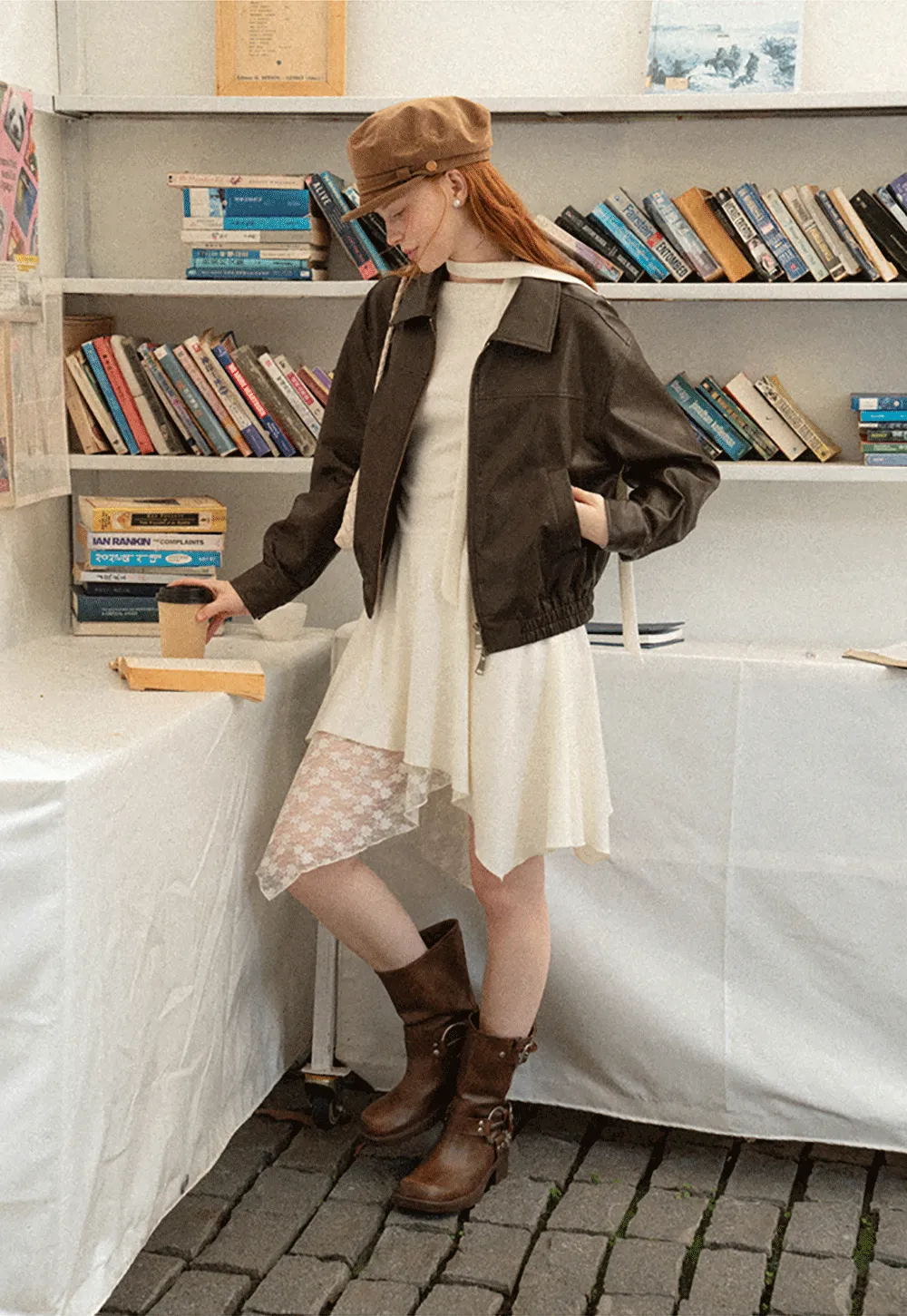 Cropped Leather Jacket with Collar and Zip Front