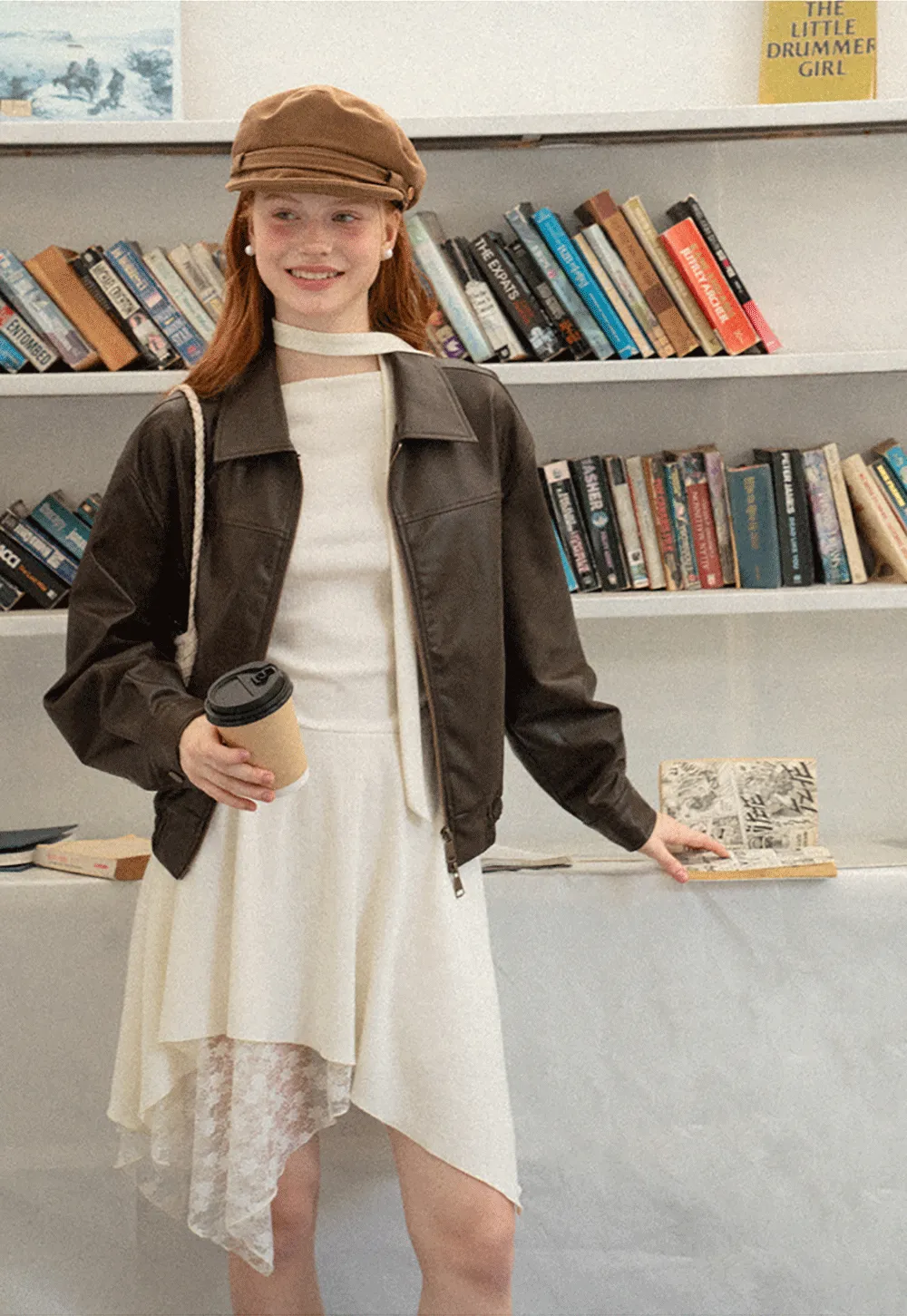 Cropped Leather Jacket with Collar and Zip Front