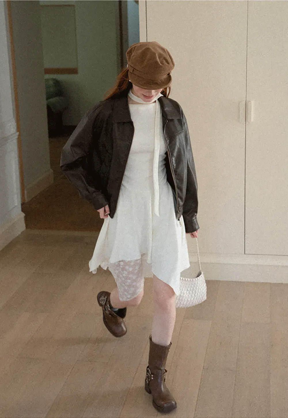 Cropped Leather Jacket with Collar and Zip Front
