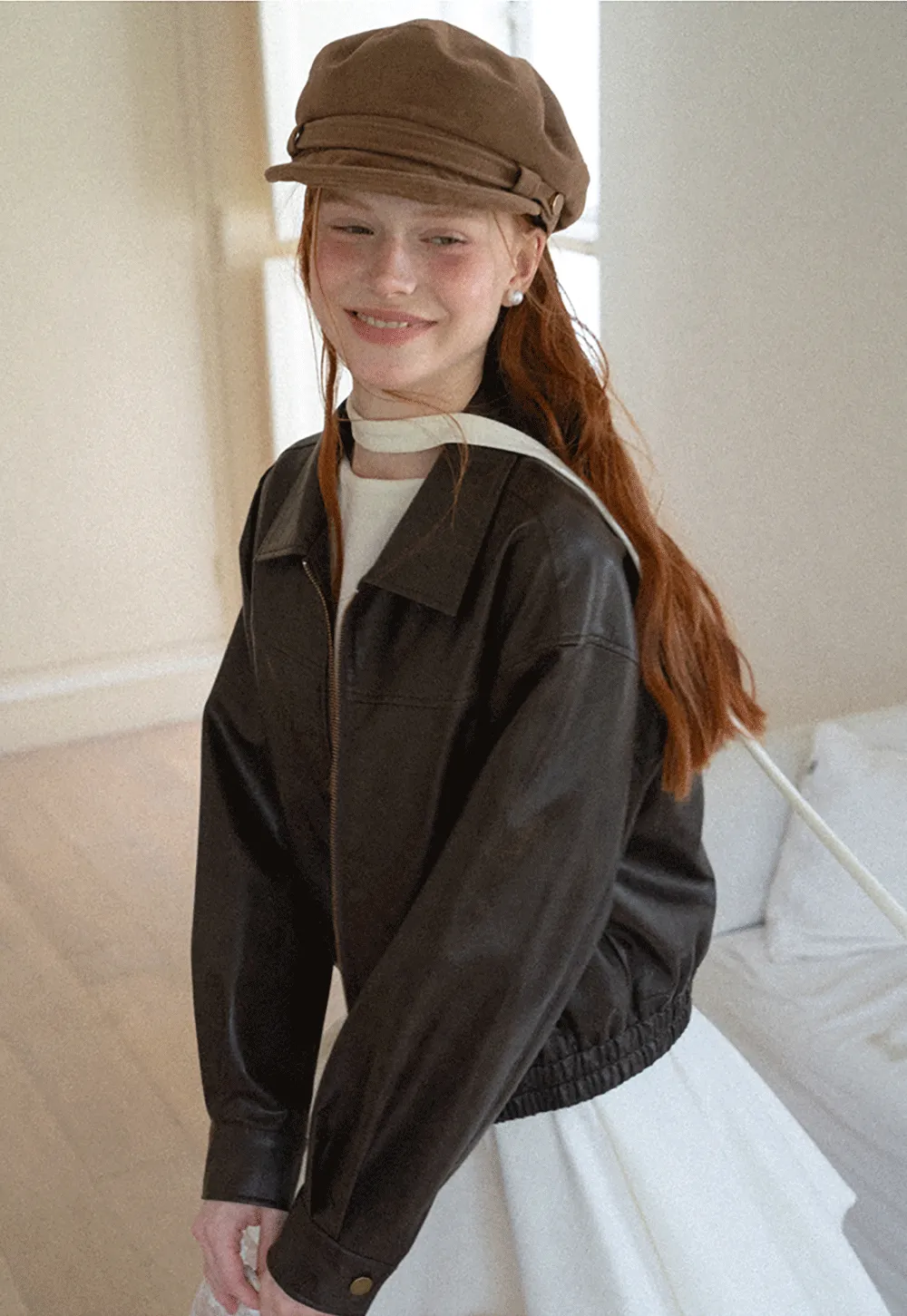 Cropped Leather Jacket with Collar and Zip Front
