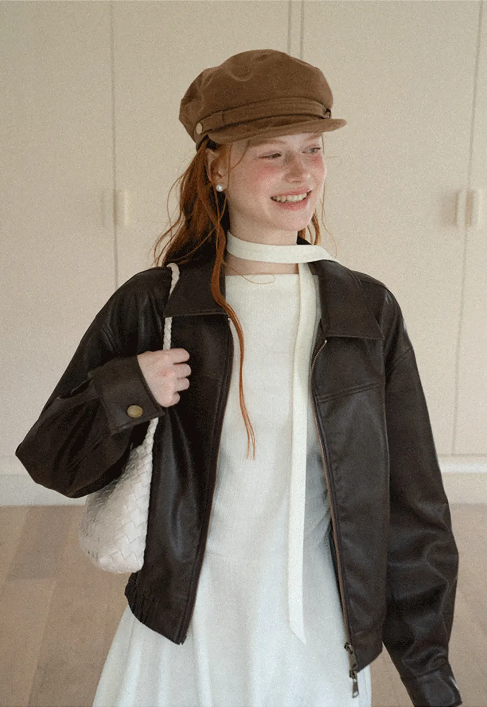 Cropped Leather Jacket with Collar and Zip Front