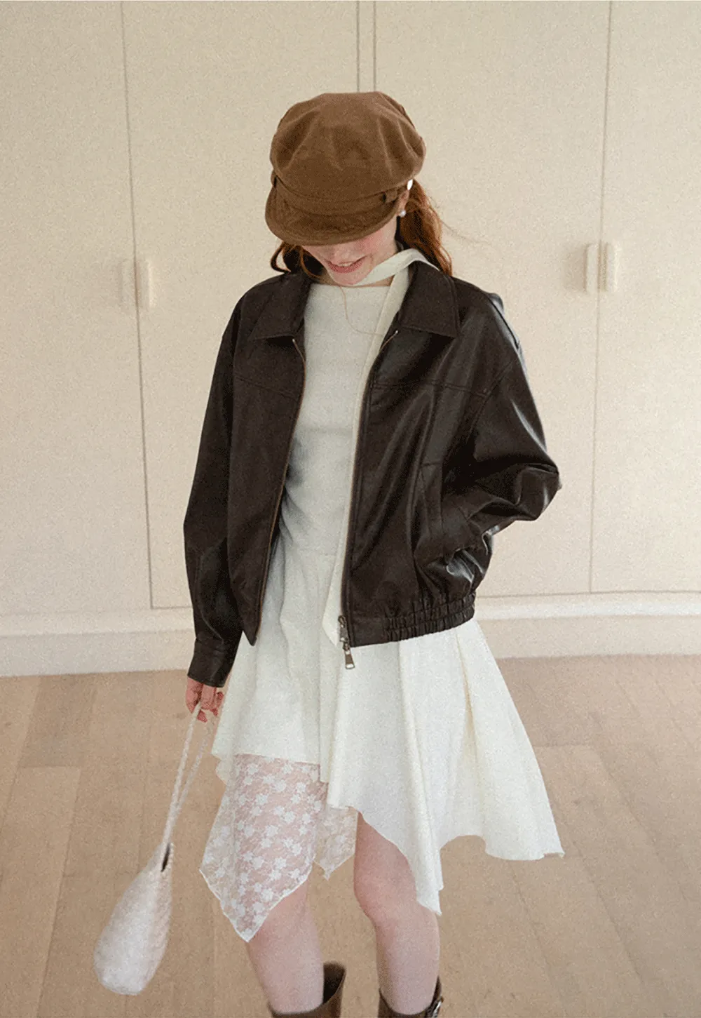 Cropped Leather Jacket with Collar and Zip Front
