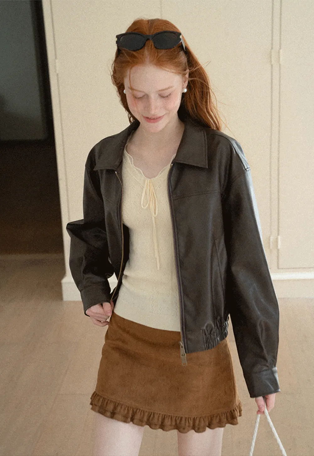 Cropped Leather Jacket with Collar and Zip Front
