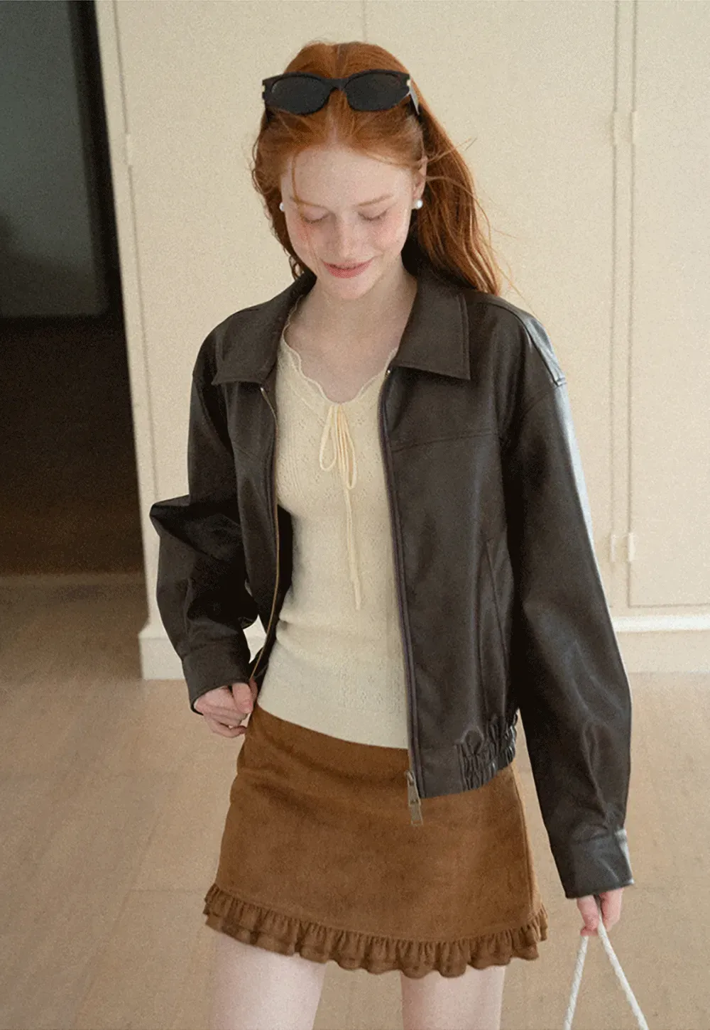 Cropped Leather Jacket with Collar and Zip Front