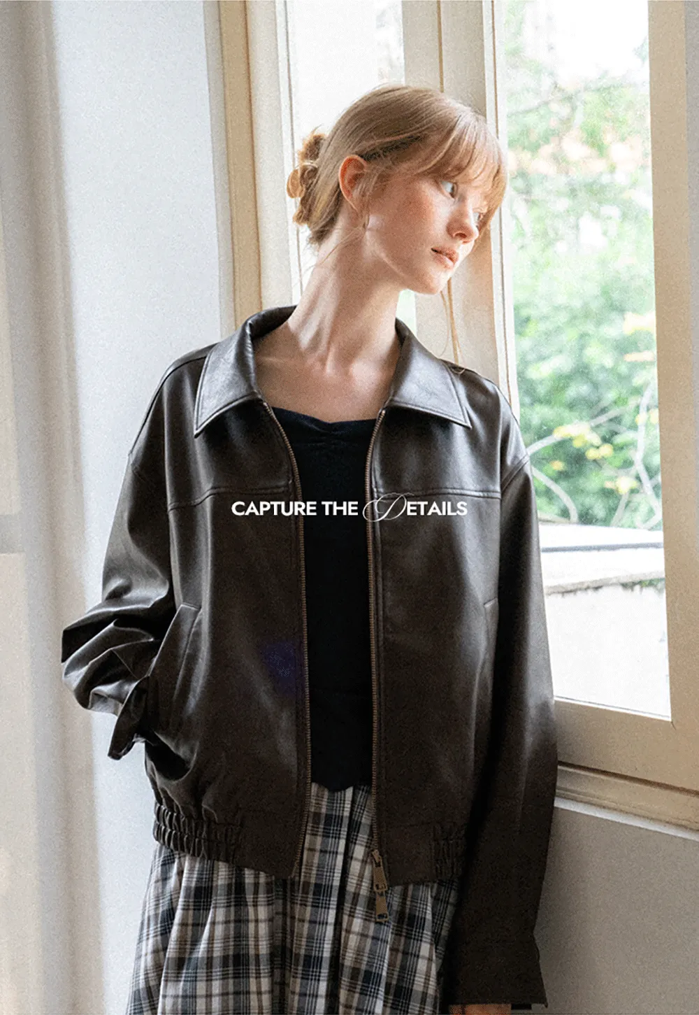 Cropped Leather Jacket with Collar and Zip Front
