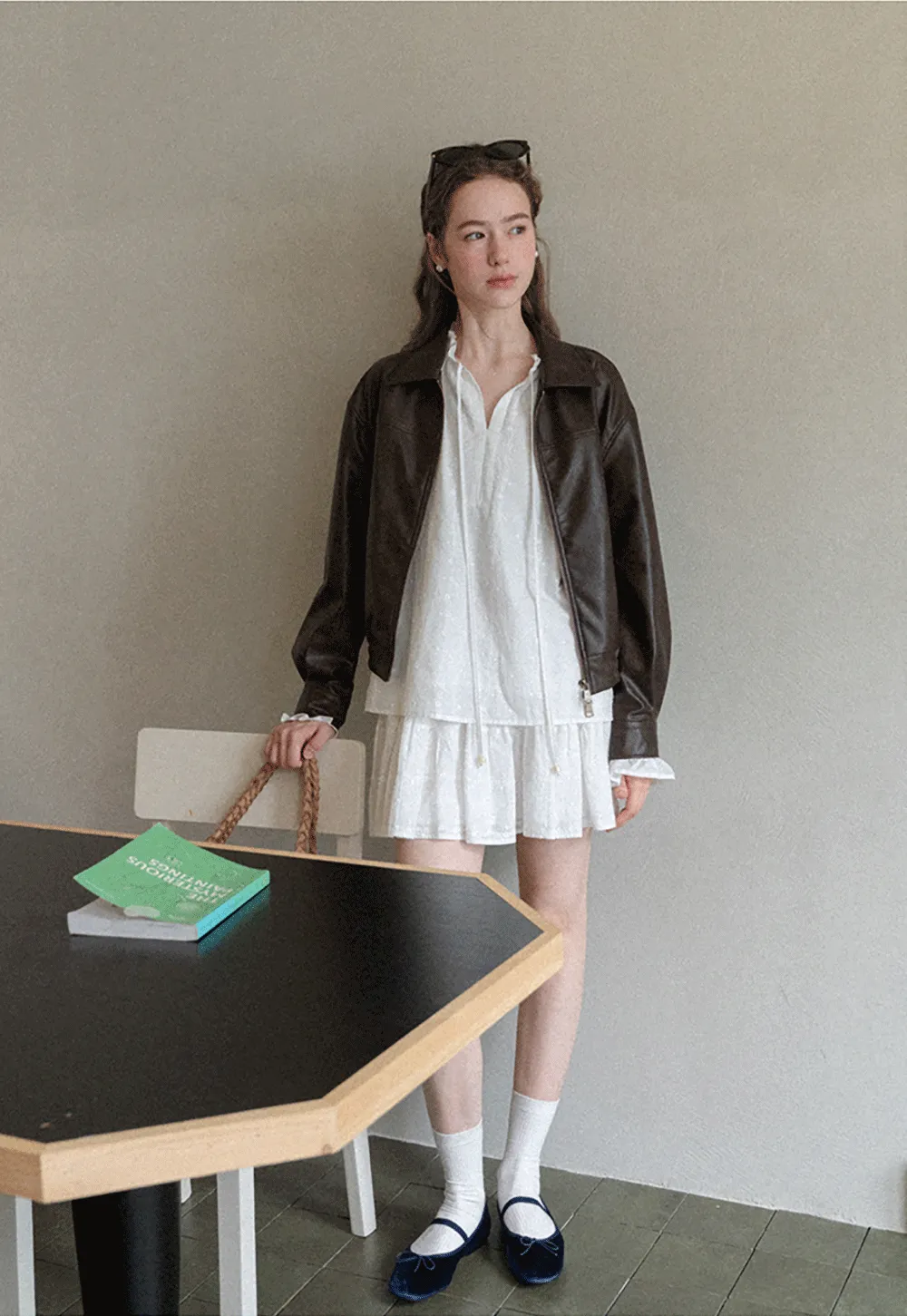 Cropped Leather Jacket with Collar and Zip Front