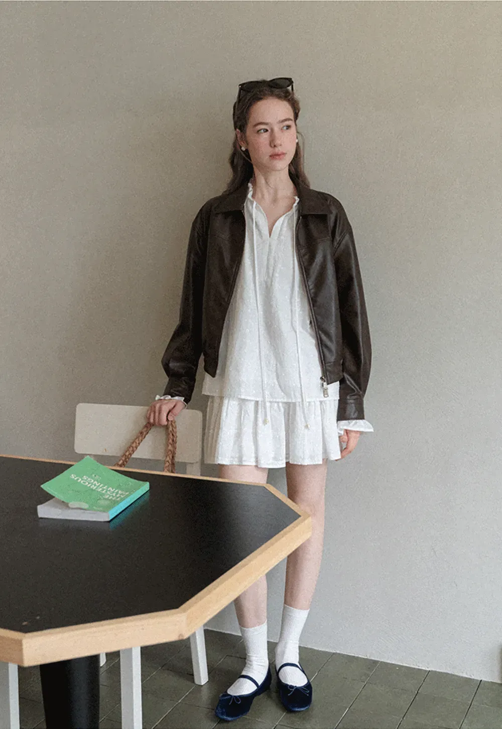 Cropped Leather Jacket with Collar and Zip Front