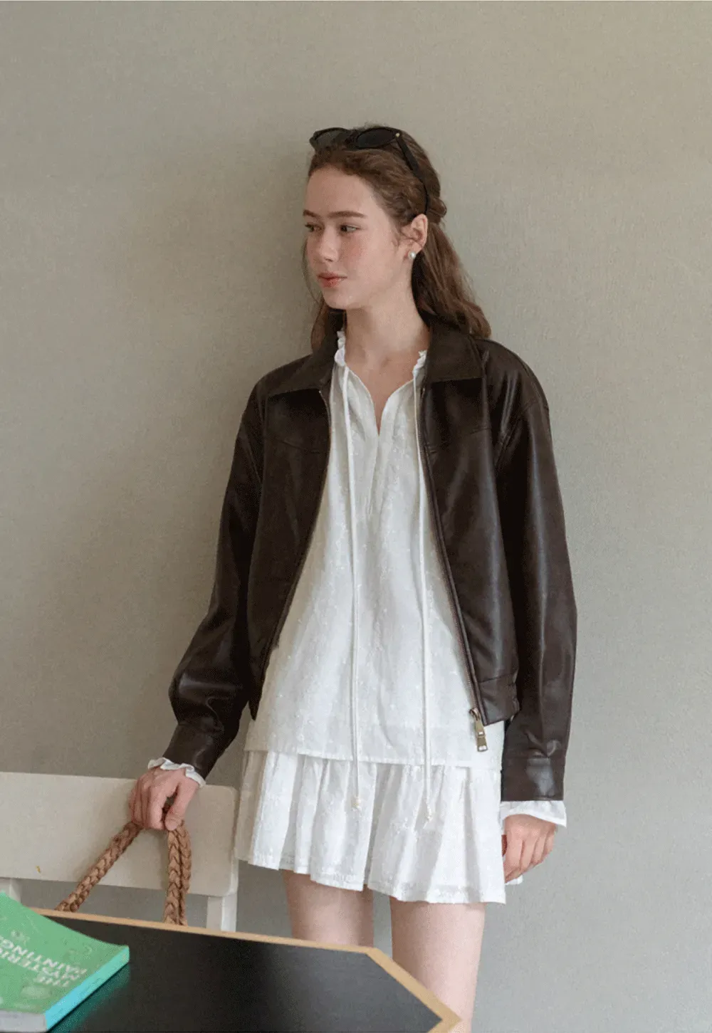 Cropped Leather Jacket with Collar and Zip Front
