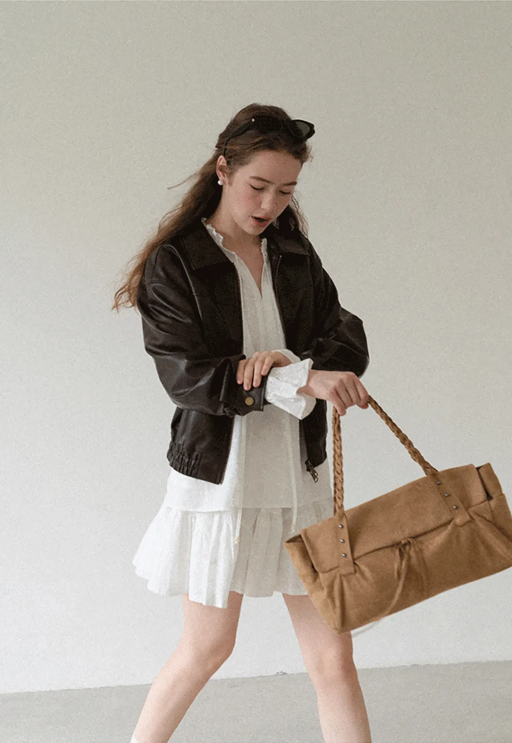 Cropped Leather Jacket with Collar and Zip Front
