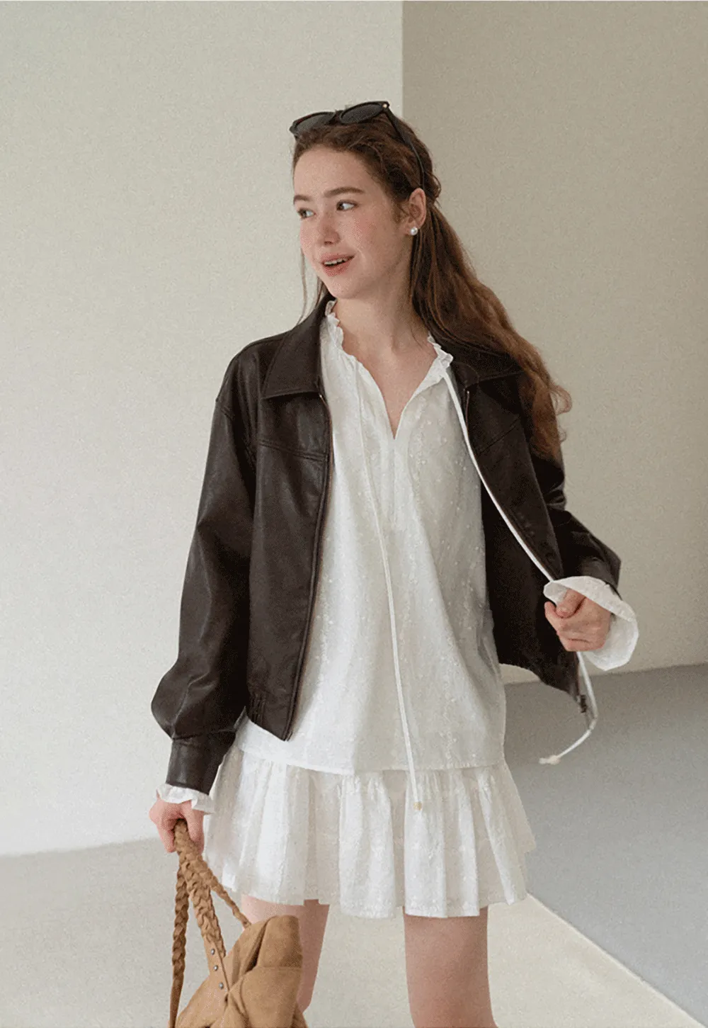 Cropped Leather Jacket with Collar and Zip Front
