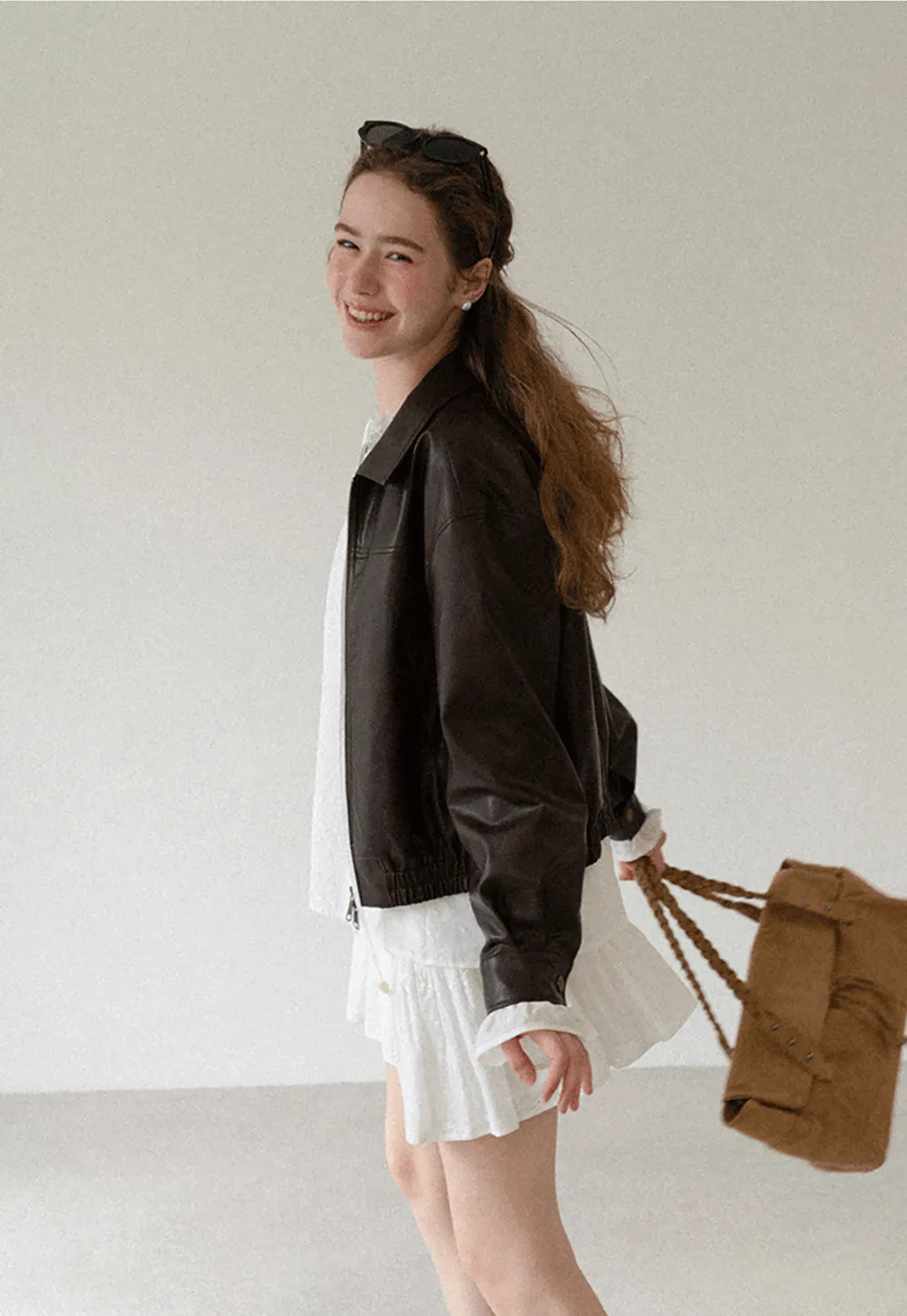 Cropped Leather Jacket with Collar and Zip Front
