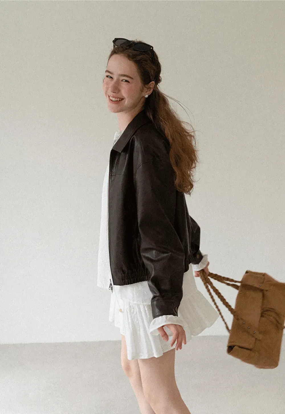 Cropped Leather Jacket with Collar and Zip Front