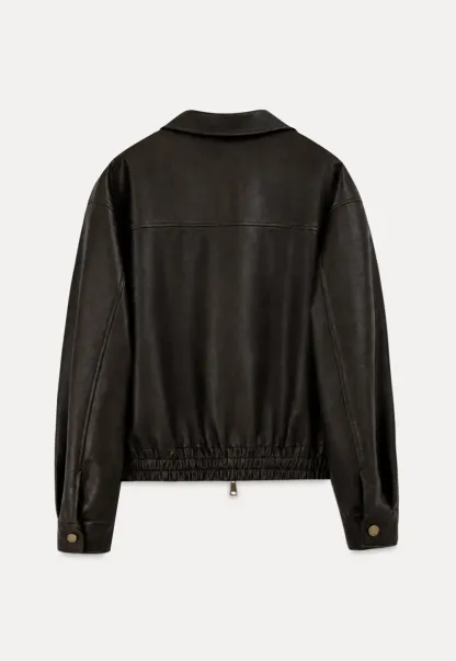 Cropped Leather Jacket with Collar and Zip Front