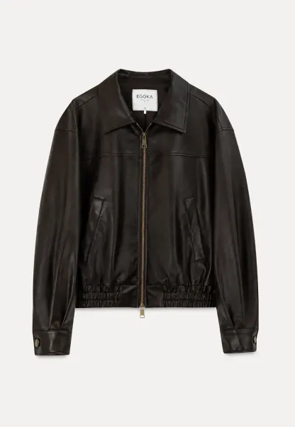 Cropped Leather Jacket with Collar and Zip Front