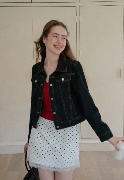Cropped Denim Jacket with Lace Trim Hem