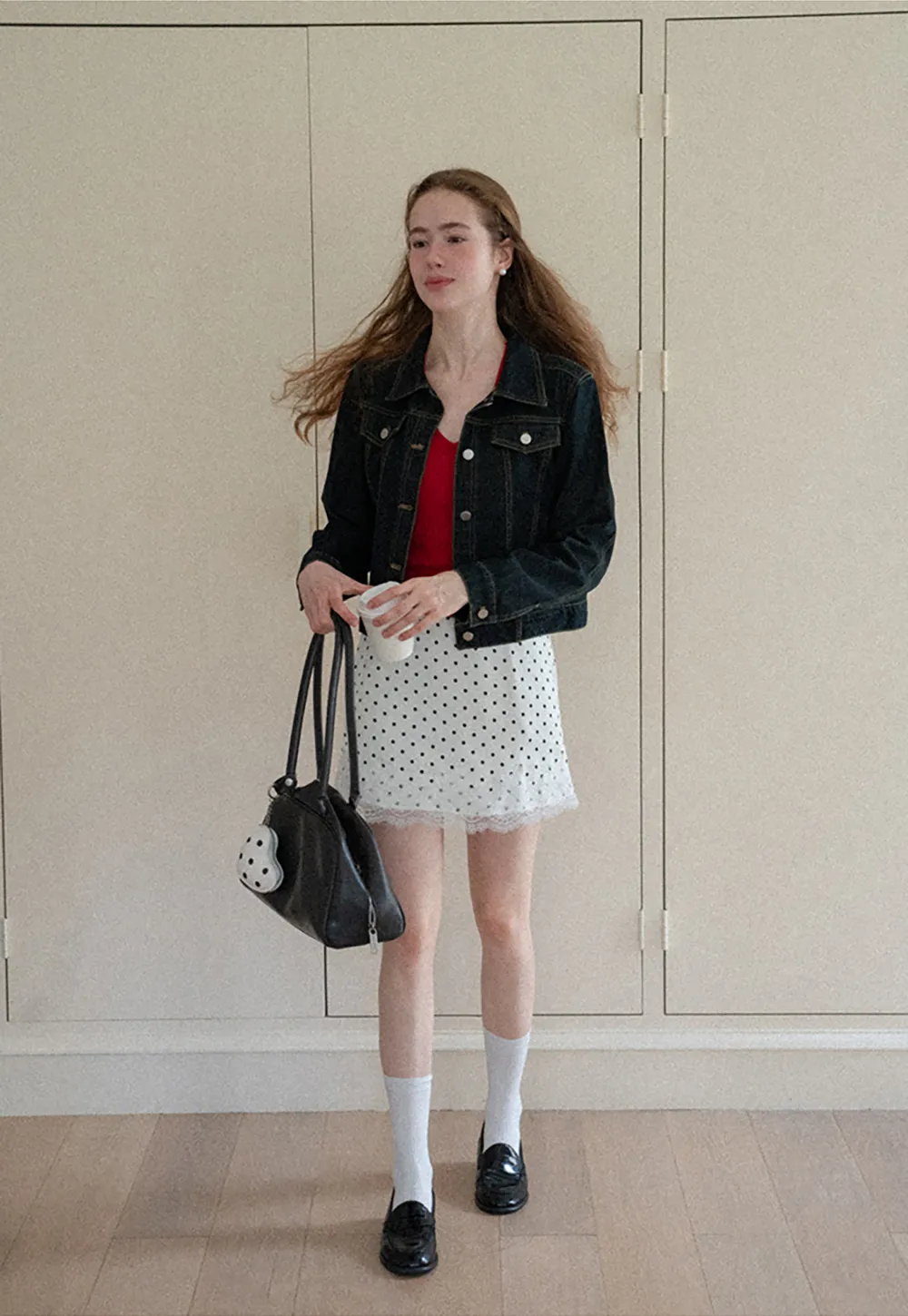 Cropped Denim Jacket with Lace Trim Hem