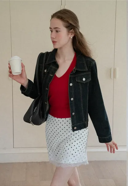 Cropped Denim Jacket with Lace Trim Hem
