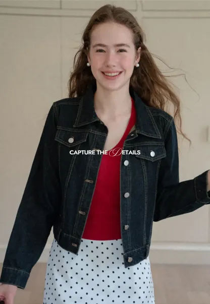 Cropped Denim Jacket with Lace Trim Hem