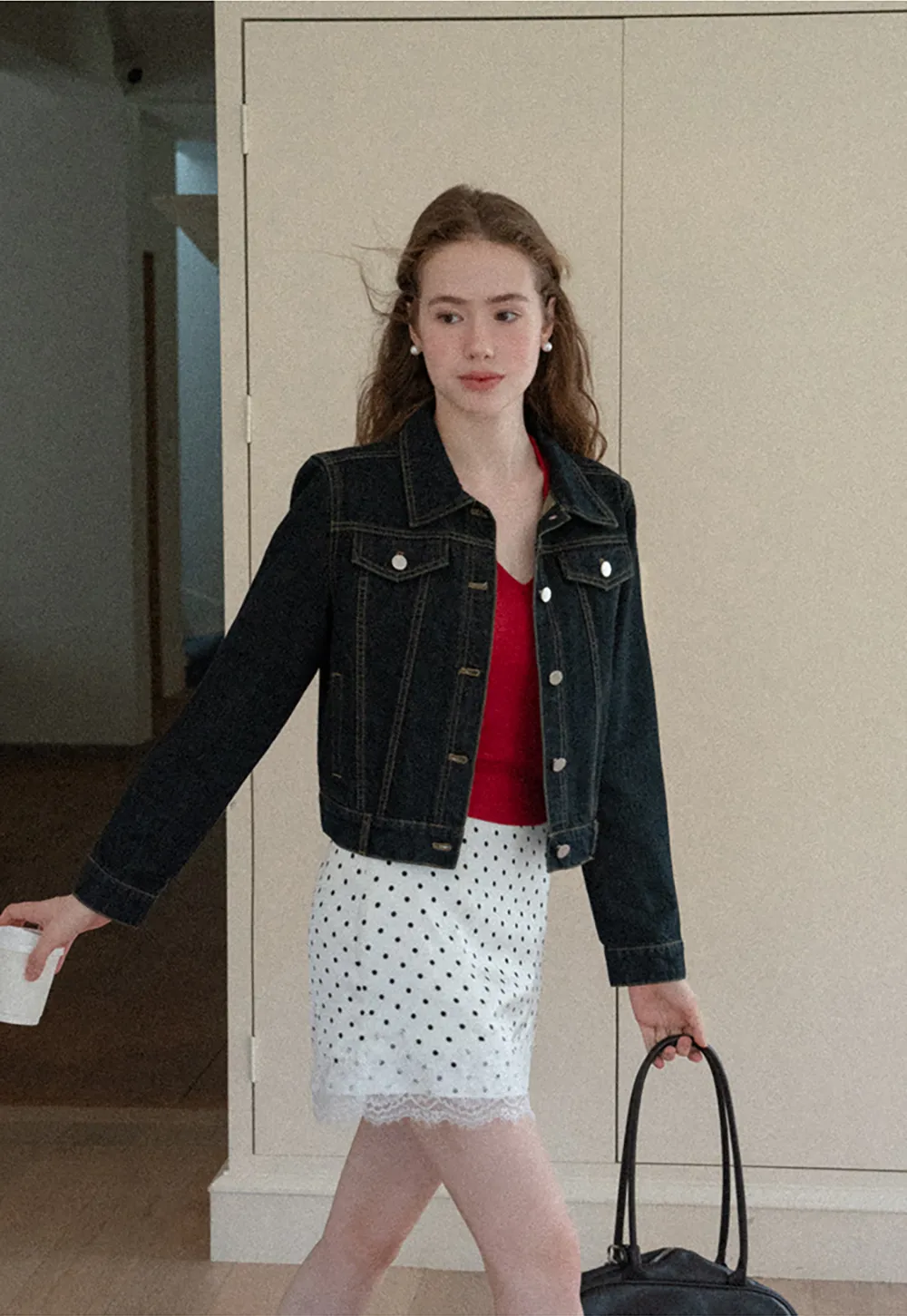 Cropped Denim Jacket with Lace Trim Hem
