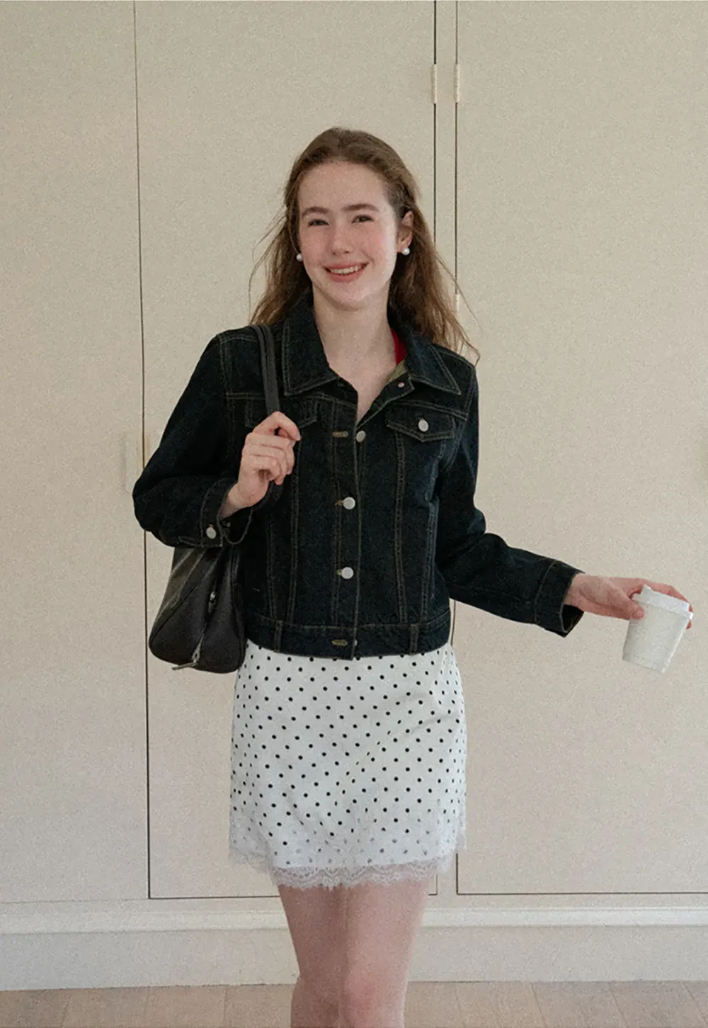 Cropped Denim Jacket with Lace Trim Hem