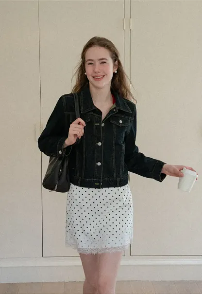 Cropped Denim Jacket with Lace Trim Hem