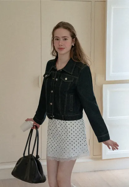 Cropped Denim Jacket with Lace Trim Hem