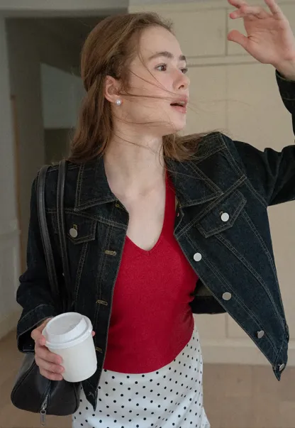 Cropped Denim Jacket with Lace Trim Hem