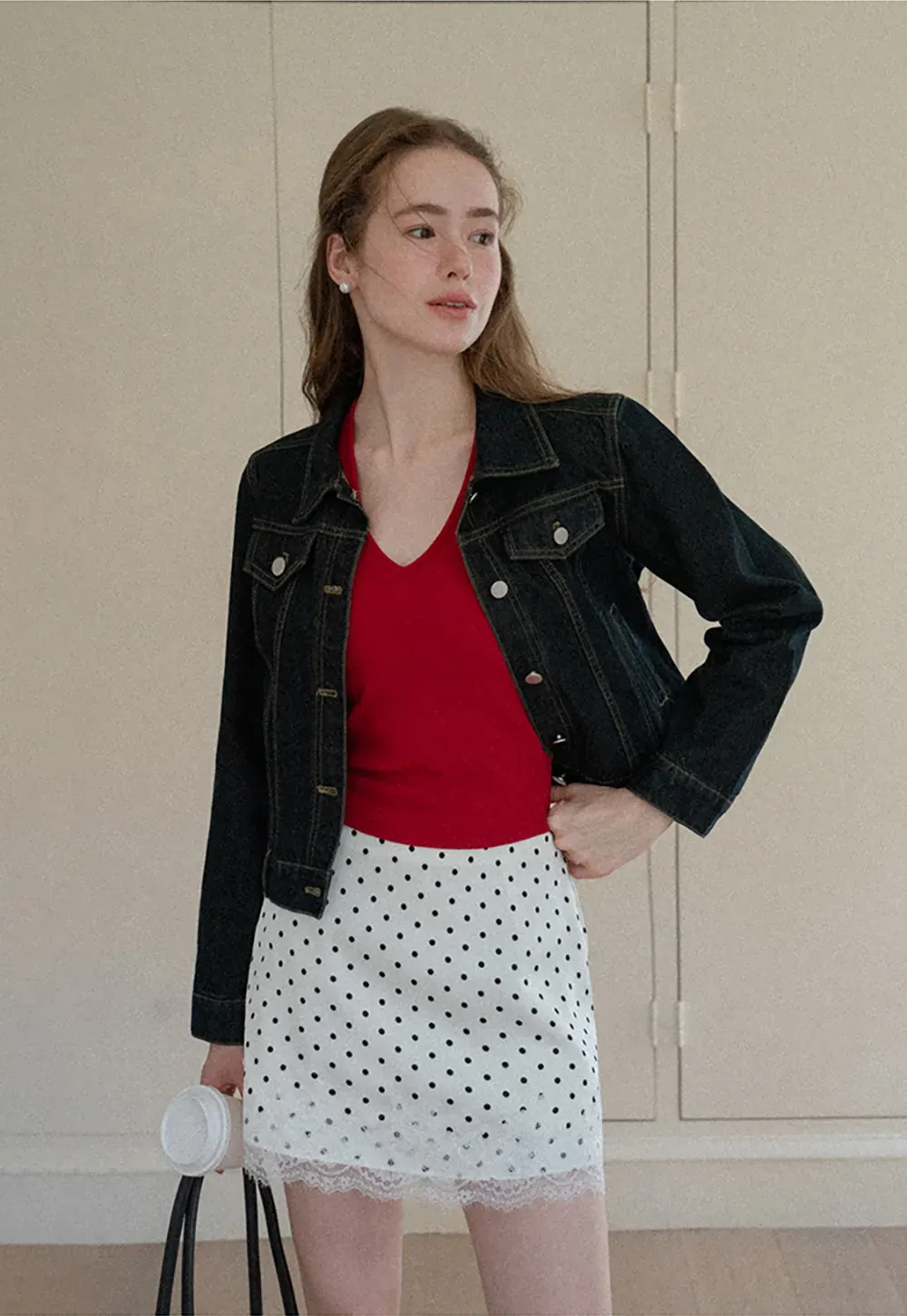 Cropped Denim Jacket with Lace Trim Hem