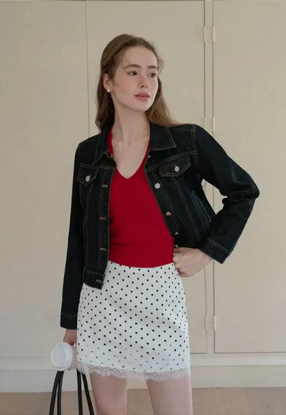 Cropped Denim Jacket with Lace Trim Hem