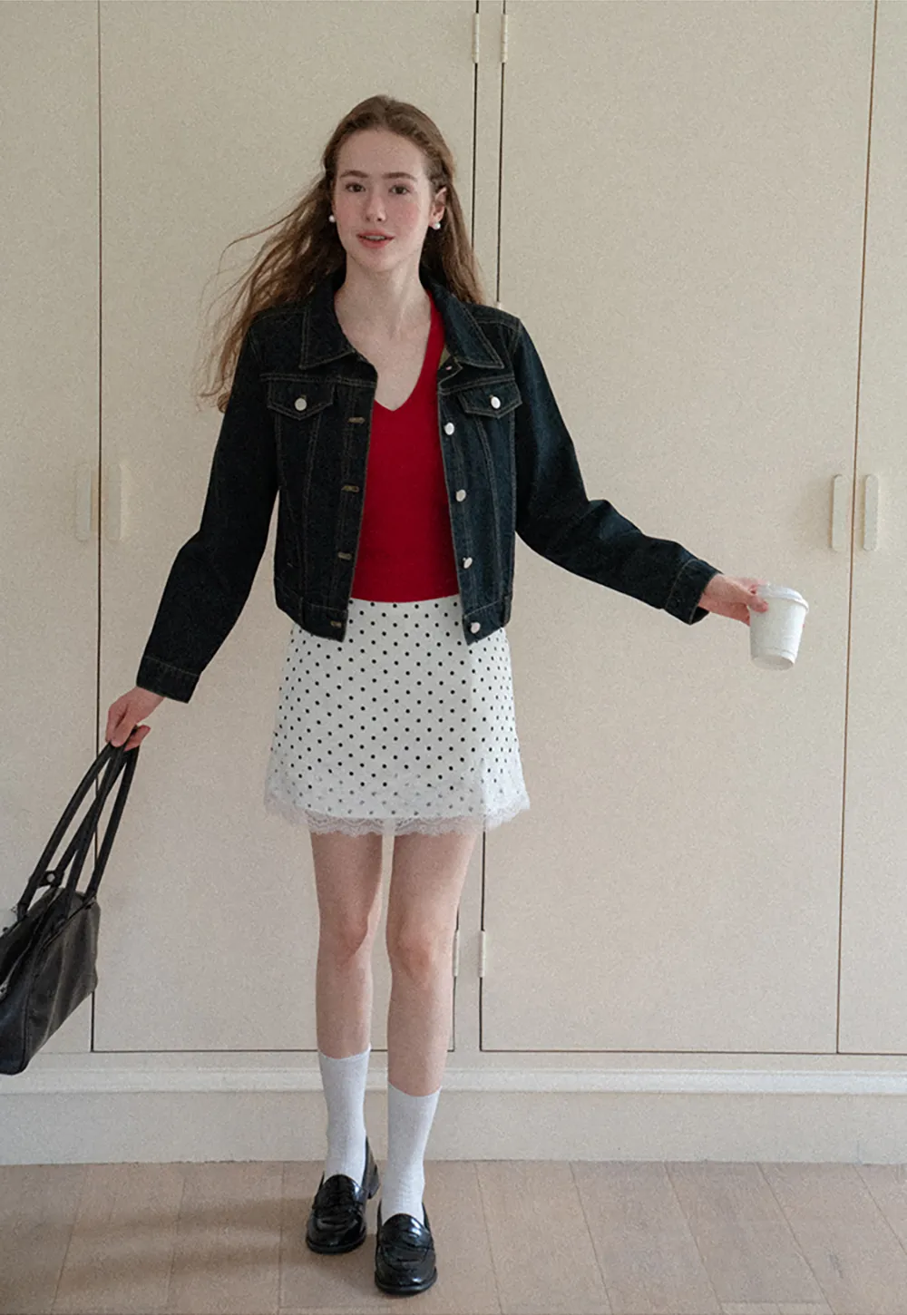 Cropped Denim Jacket with Lace Trim Hem