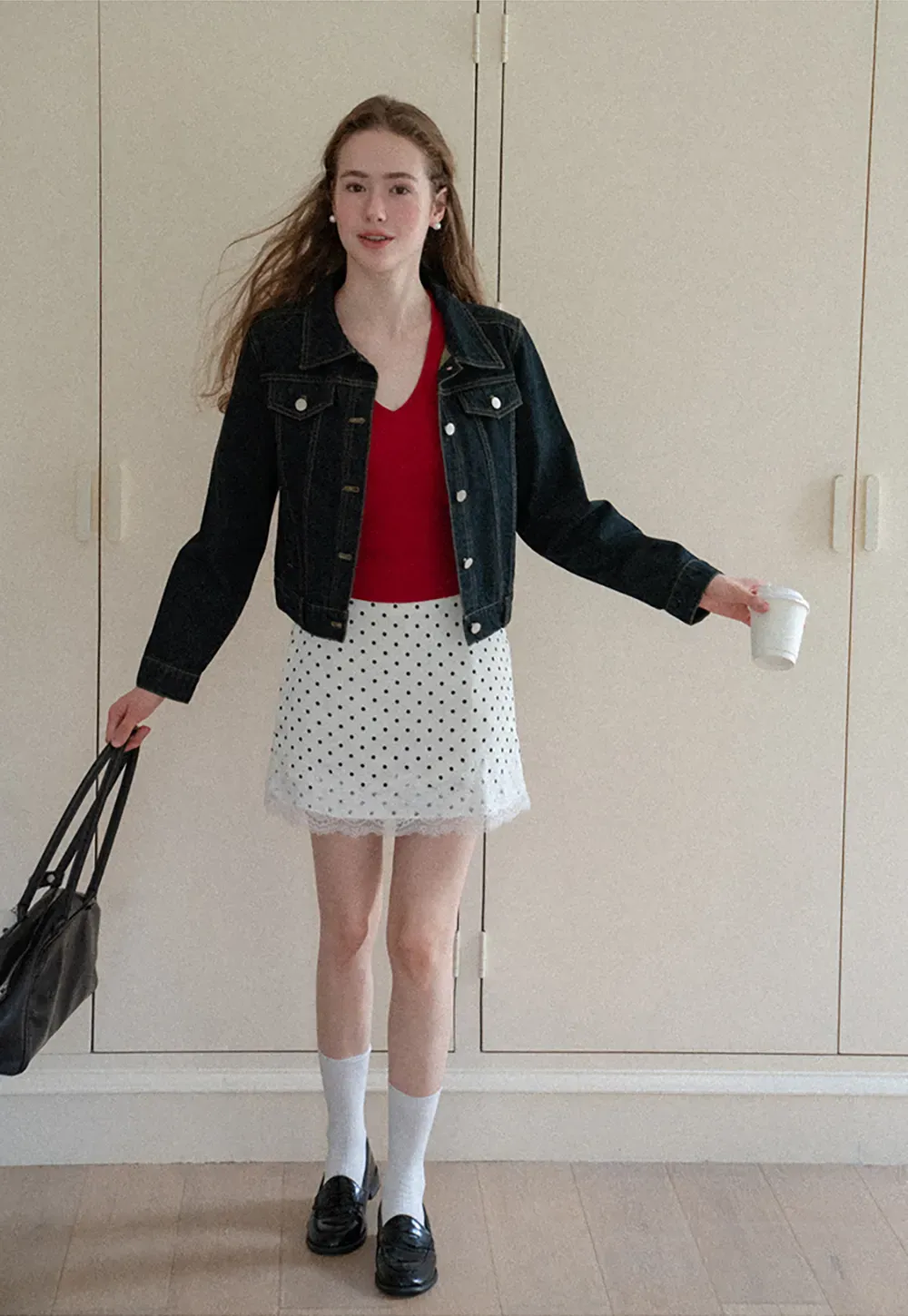 Cropped Denim Jacket with Lace Trim Hem