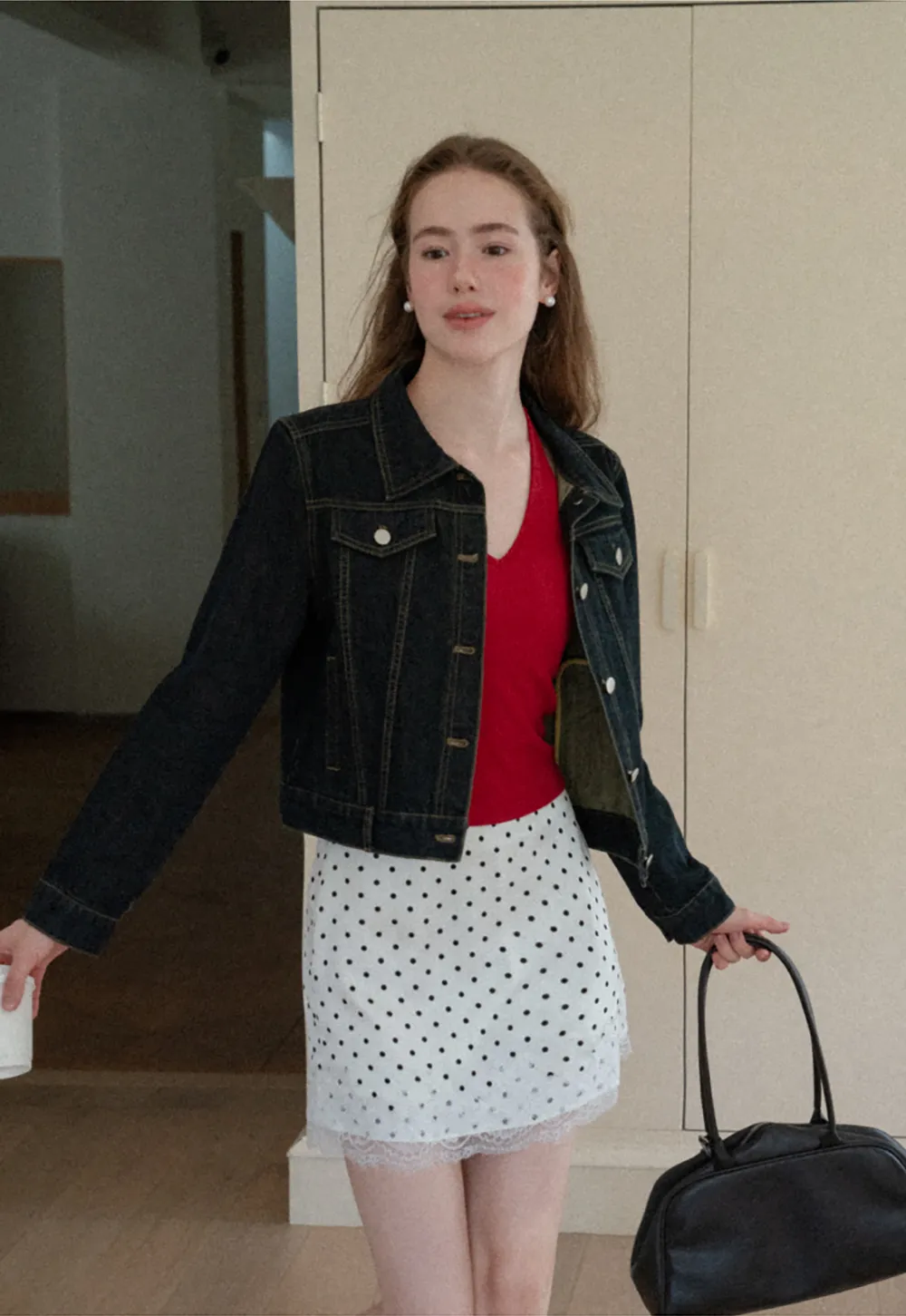 Cropped Denim Jacket with Lace Trim Hem