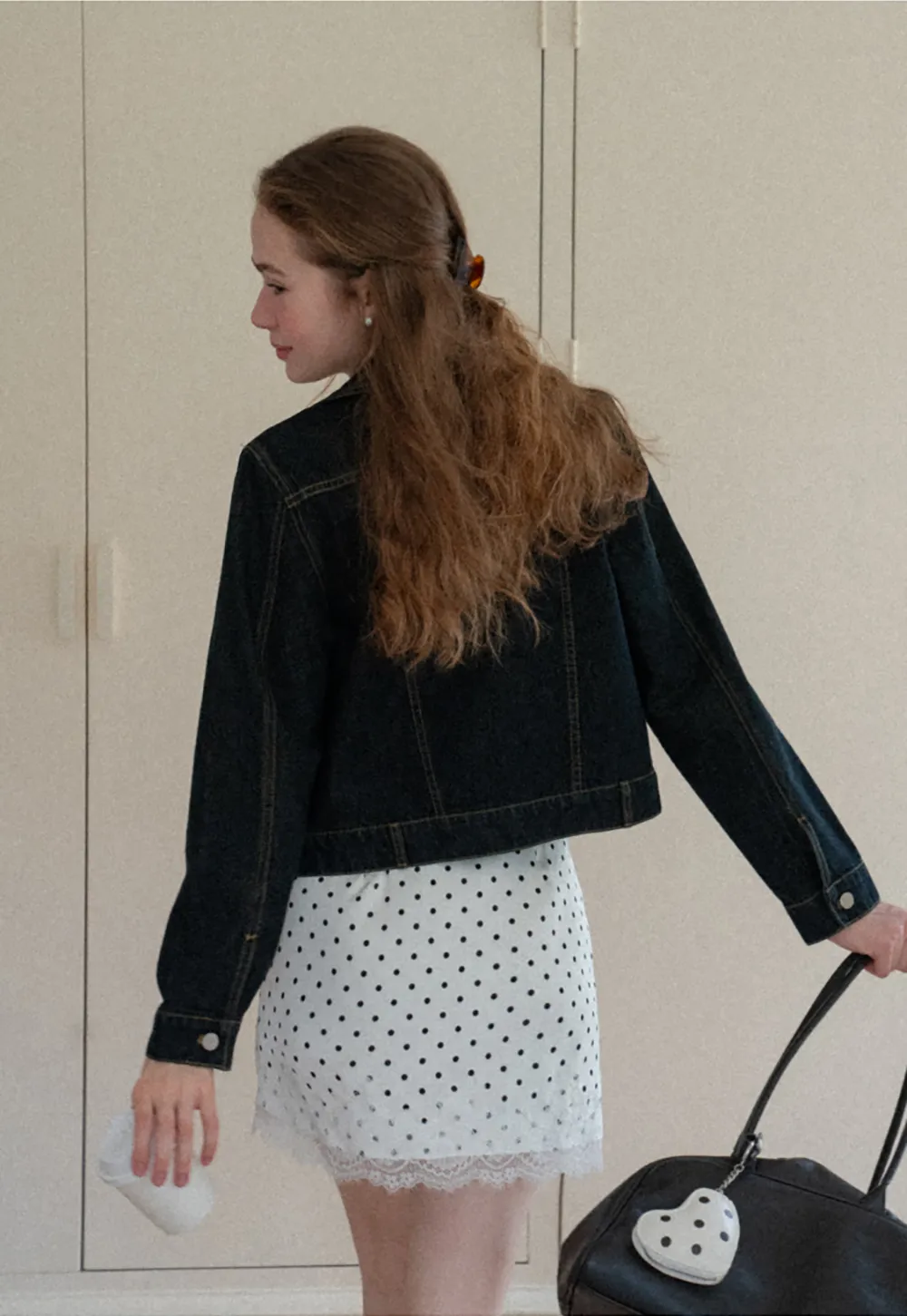 Cropped Denim Jacket with Lace Trim Hem