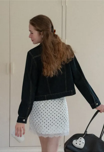 Cropped Denim Jacket with Lace Trim Hem