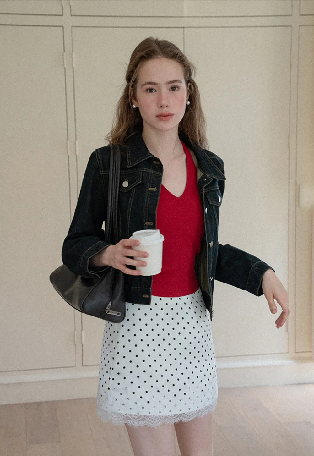 Cropped Denim Jacket with Lace Trim Hem