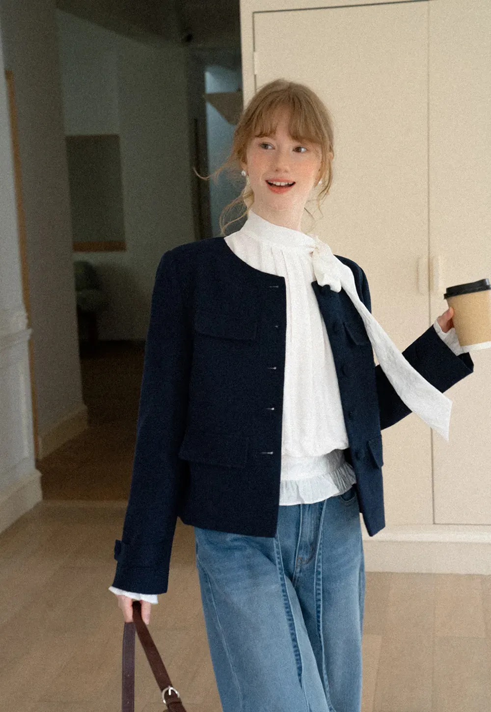 Structured Cropped Jacket with Notched Lapel and Flap Pockets