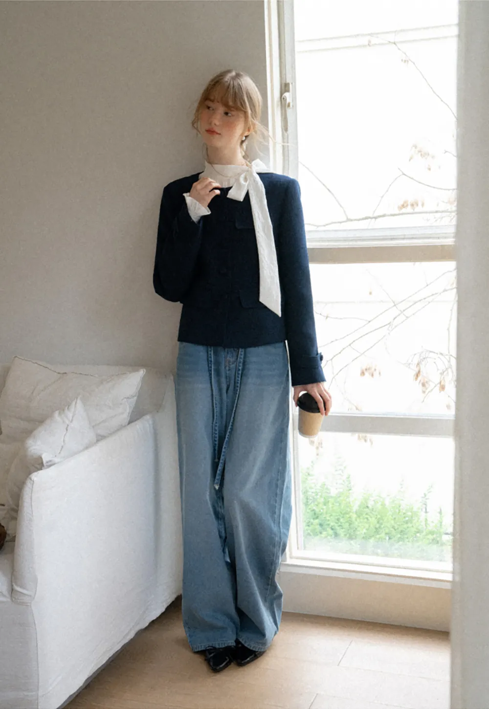 Structured Cropped Jacket with Notched Lapel and Flap Pockets