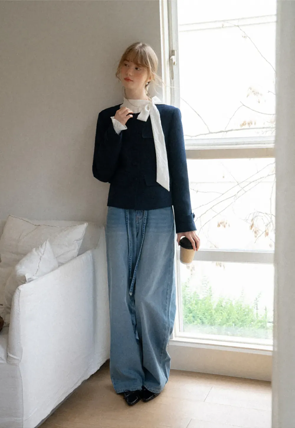 Structured Cropped Jacket with Notched Lapel and Flap Pockets