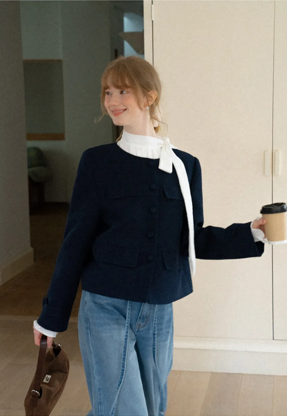 Structured Cropped Jacket with Notched Lapel and Flap Pockets