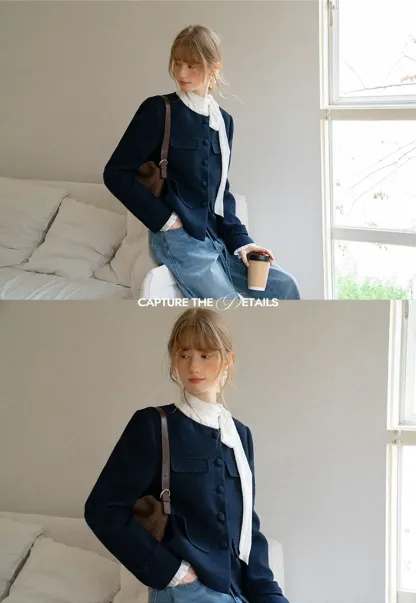 Structured Cropped Jacket with Notched Lapel and Flap Pockets