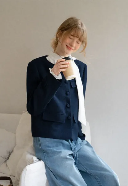 Structured Cropped Jacket with Notched Lapel and Flap Pockets