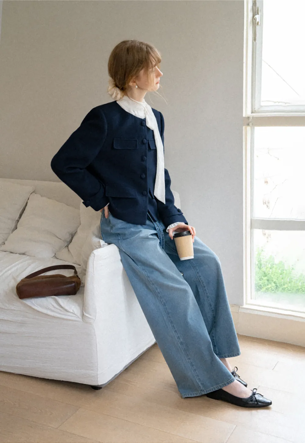 Structured Cropped Jacket with Notched Lapel and Flap Pockets
