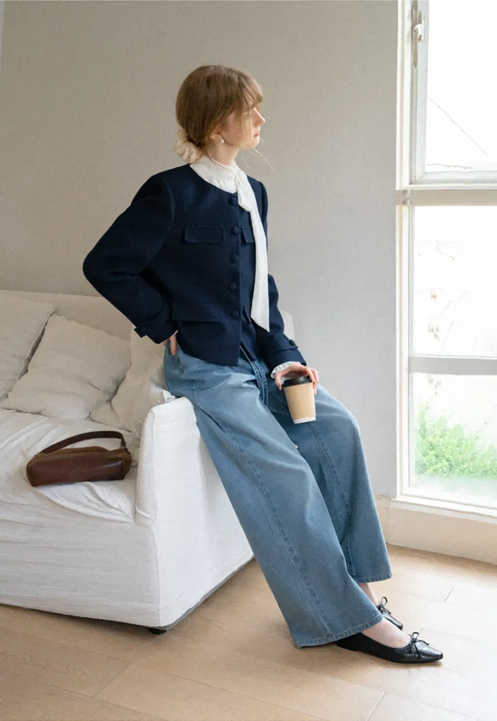 Structured Cropped Jacket with Notched Lapel and Flap Pockets