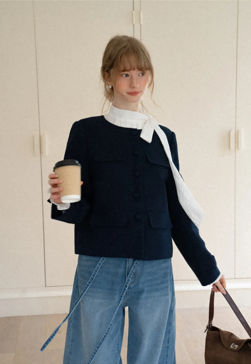 Structured Cropped Jacket with Notched Lapel and Flap Pockets