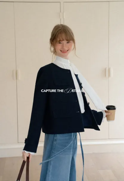 Structured Cropped Jacket with Notched Lapel and Flap Pockets