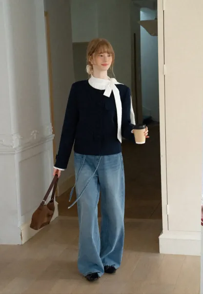 Structured Cropped Jacket with Notched Lapel and Flap Pockets